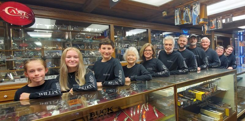 Family and friends keep Willey Knives sharp: (l-r) Geri's daughters Faith and Grace, Matt's son Bryce, the late Sylvia Willey, Geri and Gerald, Gerald's son Matt, and team members Drew Beyer, Doug Gould, Donald Pearson and Donna Kay Heberling. SUBMITTED PHOTO